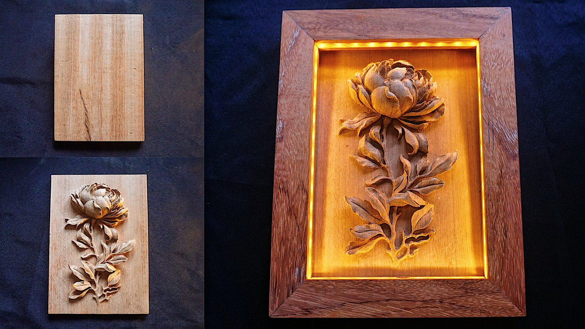 Peony flower with stock, Flowers, wood carving, 6 cm, Colored, acquisto  sculture in legno