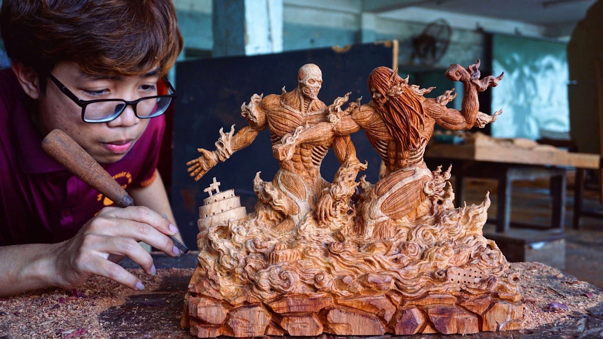 Eren vs Armin Colossal Titan - Wood Carving - Woodart Vietnam