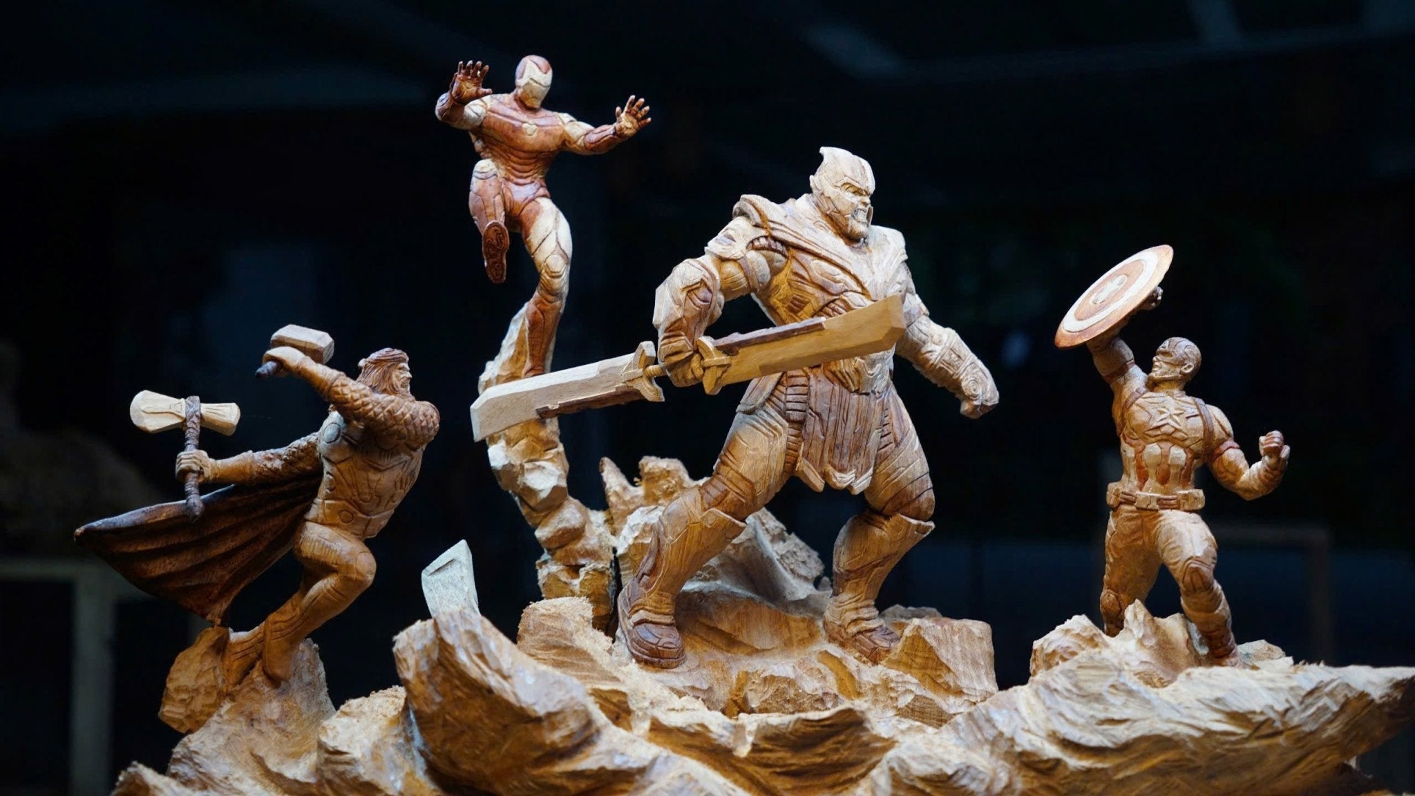 Thanos vs Captain America, Ironman & Thor - Figure Wood Carving - Avengers Endgame - Woodart Vietnam