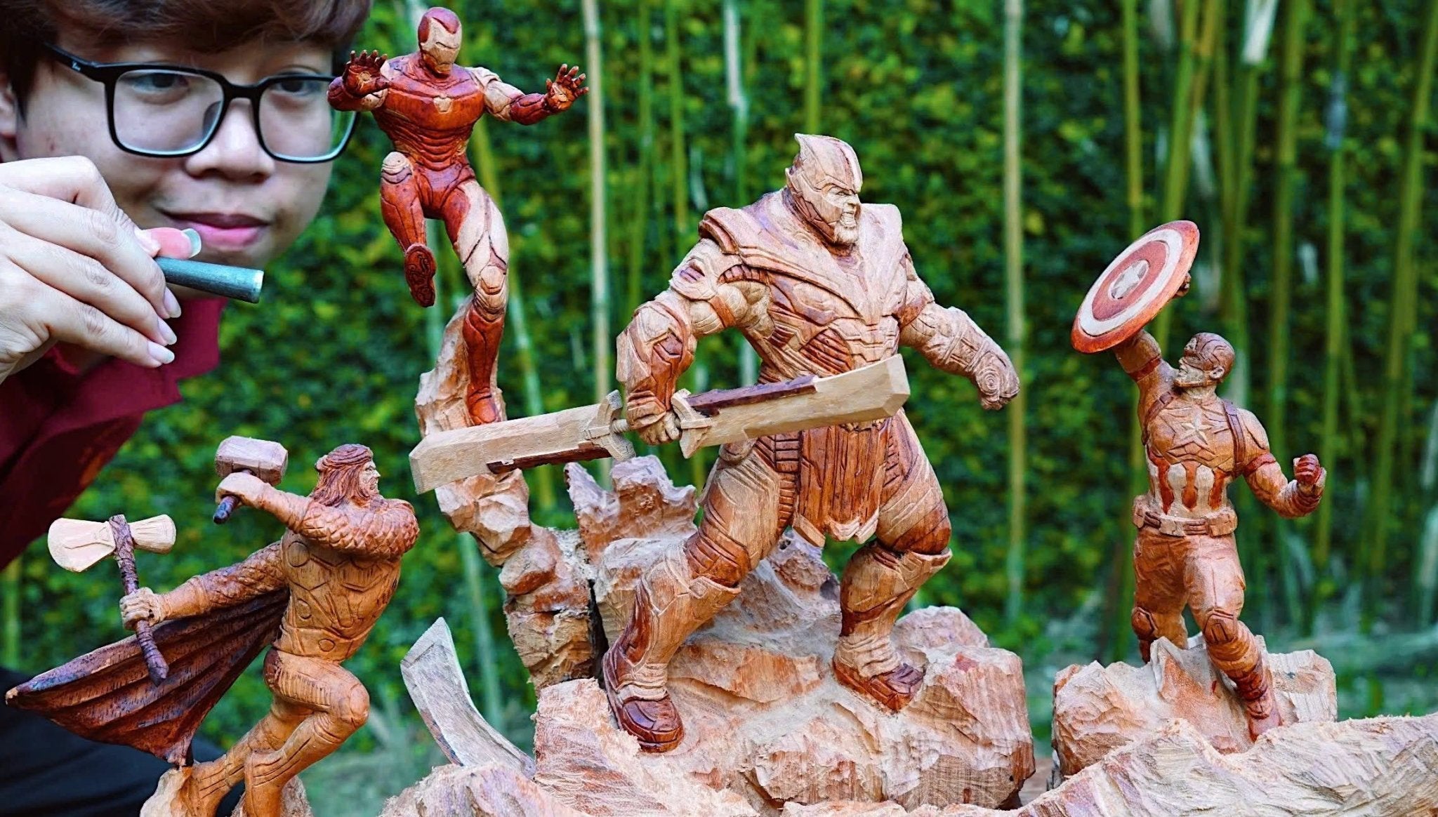 Thanos vs Captain America, Ironman & Thor - Figure Wood Carving - Avengers Endgame - Woodart Vietnam