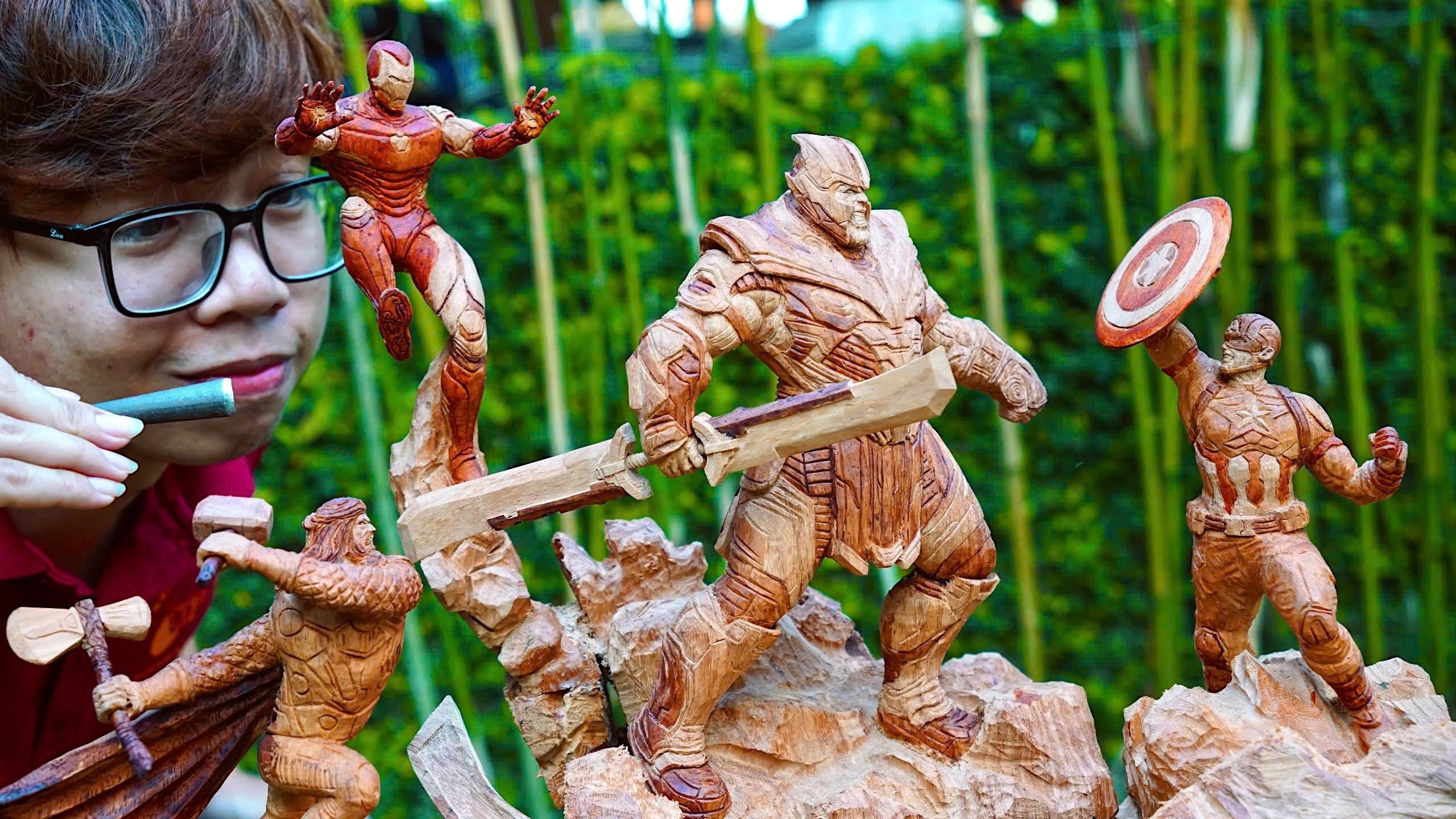 Thanos vs Captain America, Ironman & Thor - Figure Wood Carving - Avengers Endgame