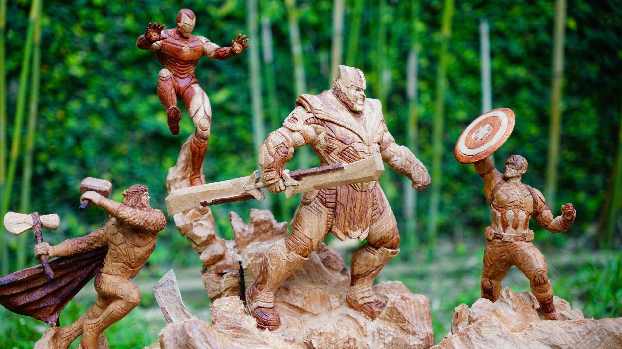 Thanos vs Captain America, Ironman & Thor - Figure Wood Carving - Avengers Endgame