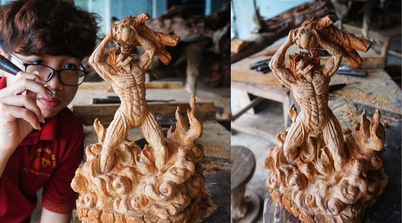 Eren vs Jaw Titan - Figure Wood Carving -Eating Warhammer Titan - Woodart Vietnam 