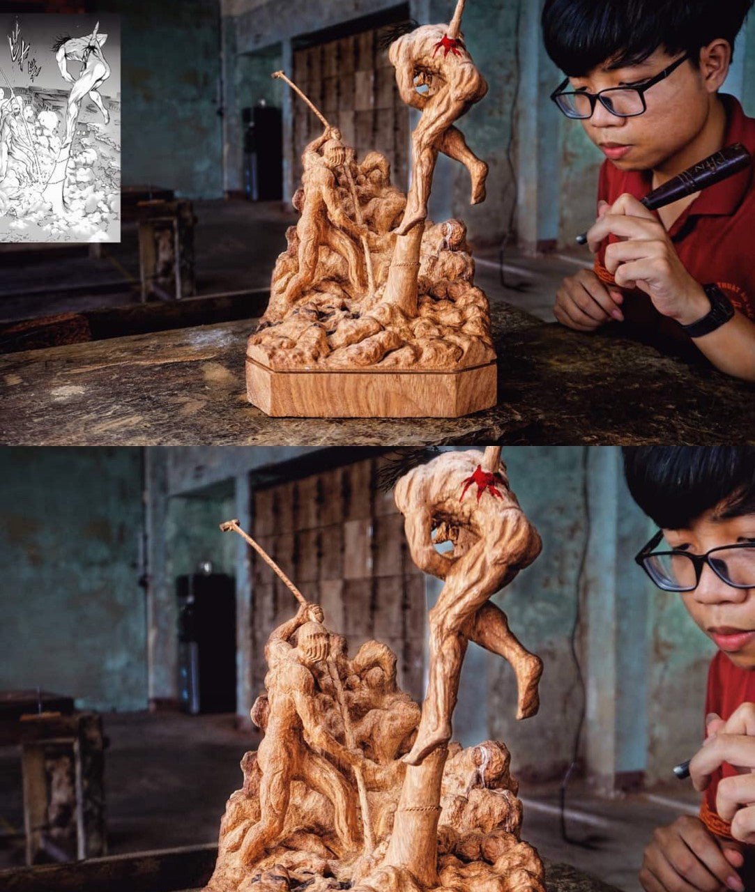 Eren vs Warhammer Titan - Attack on Titan - Figure Wood Carving - Woodart Vietnam