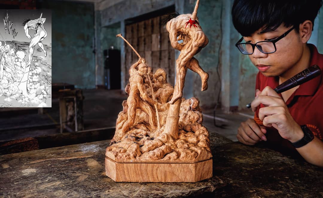 Eren vs Warhammer Titan - Attack on Titan - Figure Wood Carving - Woodart Vietnam