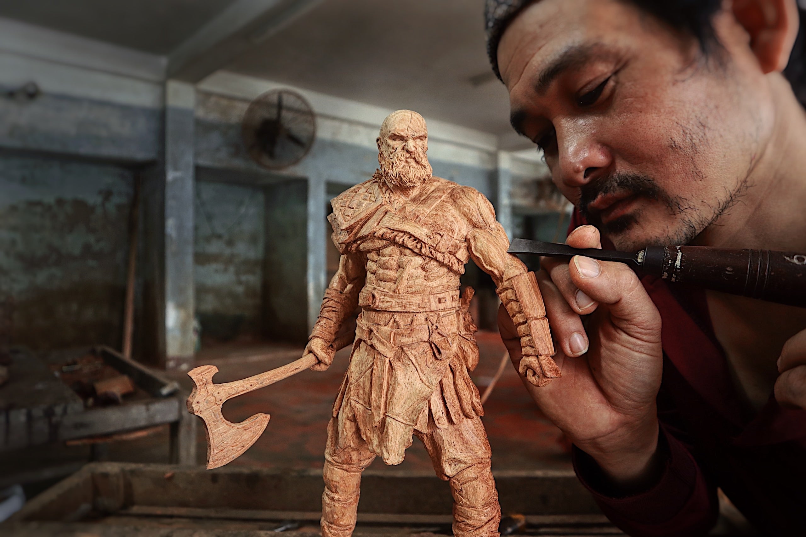 Kratos Figure Wood Carving - God of Wars - Woodart Vietnam 