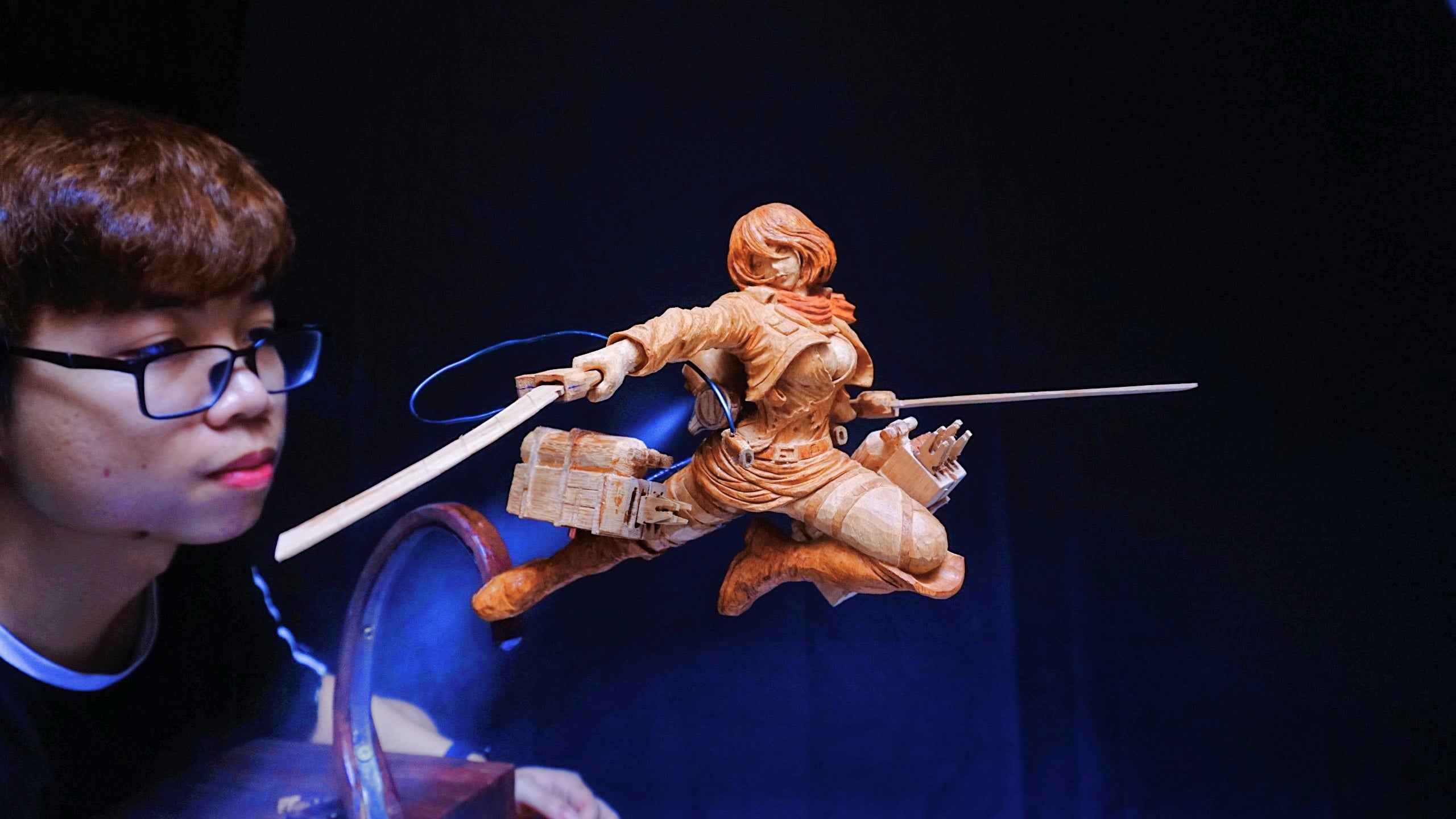 Mikasa Figure Wood carving - Flying with 3D Maneuver Gear - Attack on Titan - Woodart Vietnam 