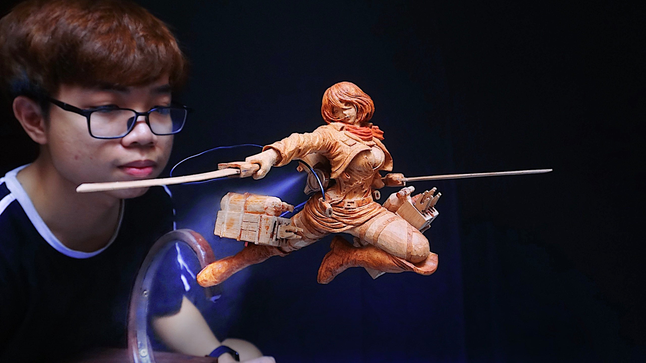 Mikasa Figure Wood carving - Flying with 3D Maneuver Gear - Attack on Titan - Woodart Vietnam 